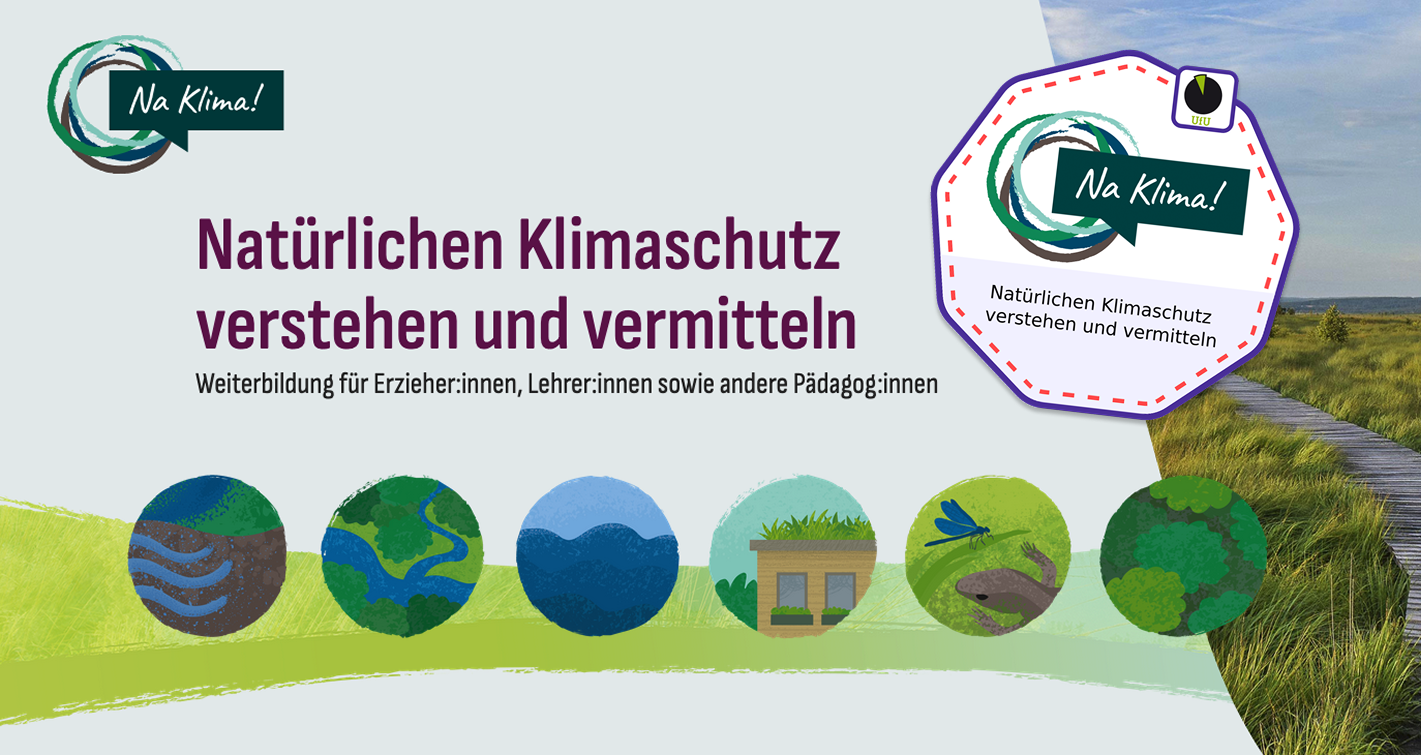 Badge with text 'Natürlichen Klimaschutz verstehen und vermitteln' on green background, below stylized globes and nature motifs.
