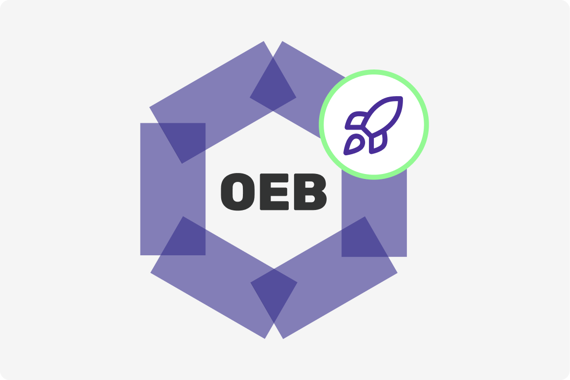 Sechseckiges Logo mit dem Schriftzug 'OEB' in der Mitte und einem kleinen Kreis mit einer stilisierten Rakete oben rechts