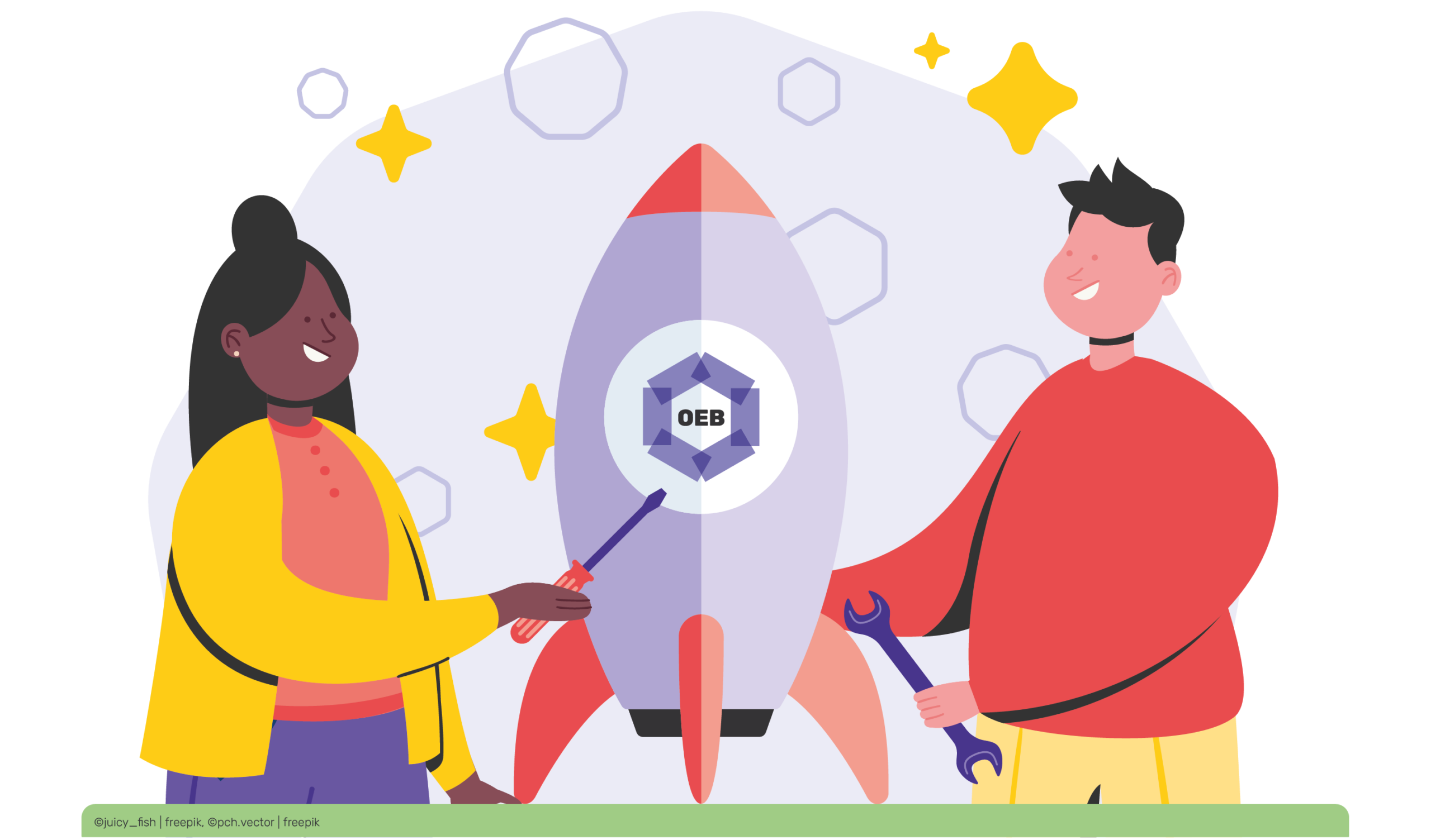 wei Personen stehen neben einer Rakete mit dem OEB-Logo in der Mitte, eine Person hält einen Schraubenschlüssel, die andere zeigt auf die Rakete.