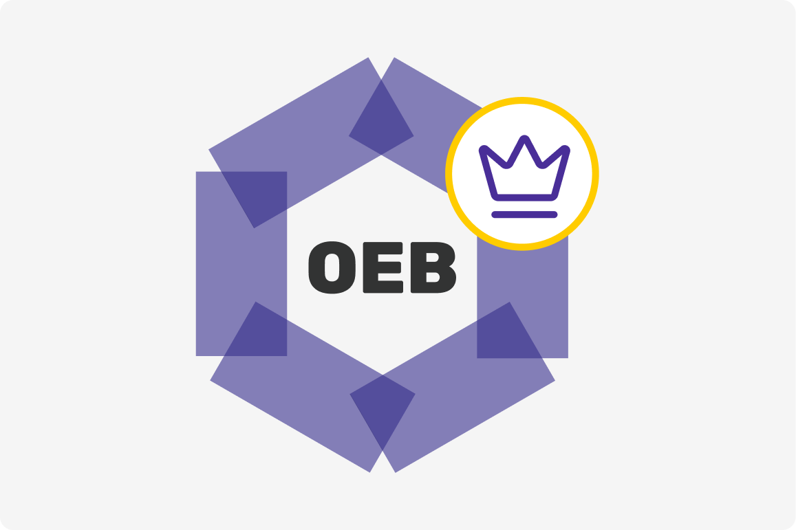 Sechseckiges Logo mit dem Schriftzug 'OEB' in der Mitte und einem kleinen Kreis mit einer stilisierten Krone oben rechts