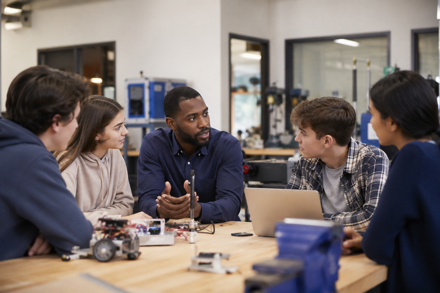Menschen sitzen um einen Tisch und sprechen. Es handelt sich um einen Makerspace